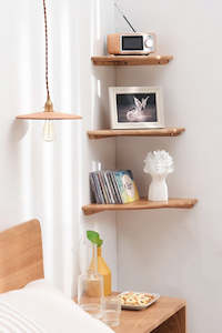 Plant, garden: Solid Timber Wood Wall-Mounted Floating Wooden Corner Shelf - Natural