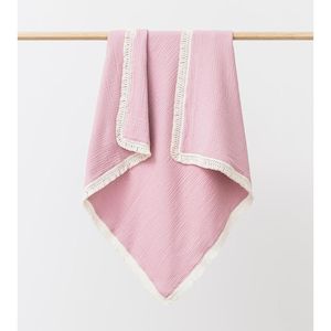 Over the Dandelions Organic Muslin Blanket With Boho Tassel Fringe - Peony