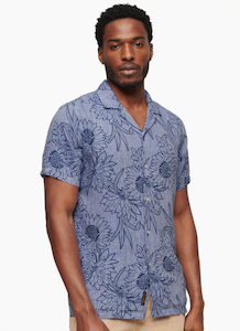 Superdry Open Collar Print Linen Shirt - Chrysanth Optic Outline Print