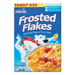 General store operation - mainly grocery: Millville Frosted Flakes cereal 26.8oz/759g