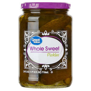 General store operation - mainly grocery: Great Value Whole Sweet Pickles 24floz/710ml