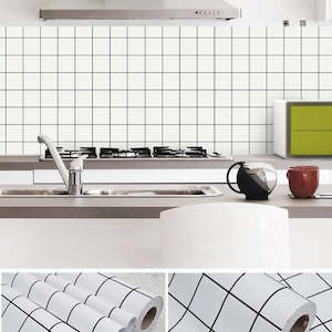 Internet only: White Square Pattern Kitchen Wallpaper self adheresive 0.60*5m