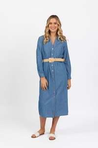 6100 Blue Wash - Long Sleeve Shirt Dress with Sleeve Tab and Belt