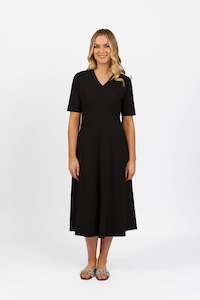 Dresses All: 6103 Black - Short Sleeve A Line Knit Dress with V Neck