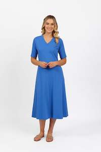 6103 French Blue - Short Sleeve A Line Knit Dress with V Neck