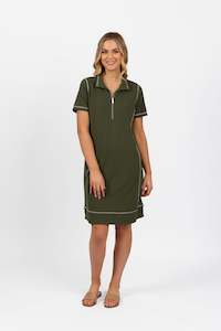 6104 Khaki - Short Sleeve Contrast Stitch Knit Dress with Zip Front Neck