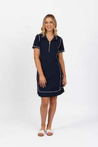 Dresses All: 6104 Ink - Short Sleeve Contrast Stitch Knit Dress with Zip Front Neck