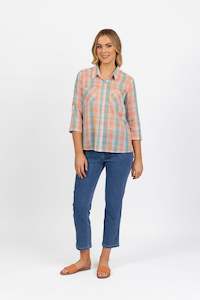 4384 Peach Check - Button Front Shirt with Tab Sleeve