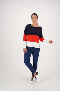 1073 Ink/Sunset/Cream - Round Neck Tri Stripe Jumper with Button Cuff Detail