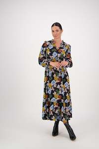 6096 Viva La Bloom - Printed Frill Neck Dress with Panel Hem