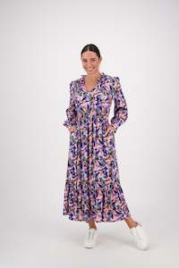 Dresses Outlet: 6096 Trend - Printed Frill Neck Dress with Panel Hem