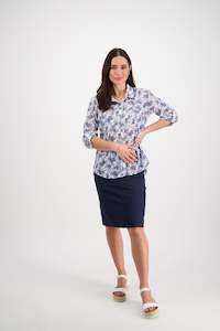 4164 Denim Floral - Crinkle Button Front Shirt With Tab Sleeves