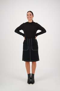 7054W Black - Knee Length Skirt with Front Patch Pockets and Contrast Stitch