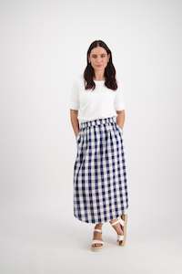 7045 Navy Check - Pull On Mid Length Skirt With Pockets