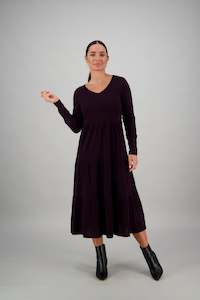 6094 Mulberry - 100% Merino V Neck Long Sleeve Tiered Dress