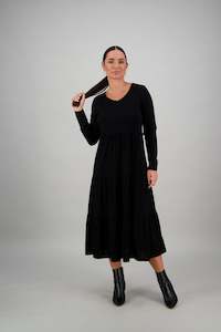 6094 Black - 100% Merino V Neck Long Sleeve Tiered Dress