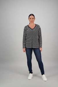 4433 Ink Stripe - 100% Merino V Neck Top with Round Hem