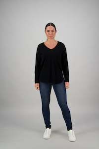 4433 Black - 100% Merino V Neck Top with Round Hem