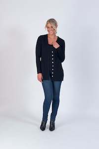 4393 Black - 100% Merino Longline Button Up Cardi