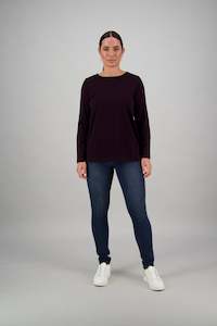 4349 Mulberry - 100% Merino Long Sleeve Top With Back Button Placket