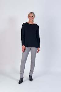 4349 Black - 100% Merino Long Sleeve Top With Back Button Placket