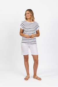 4363S White/Forest Stripe - Drop Sleeve Top with Stepped Hem