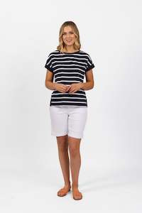 4363S Ink/White Stripe - Drop Sleeve Top with Stepped Hem