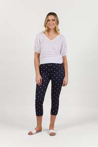 S271LW Navy Daisy - Skinny Leg 7/8 Length Lightweight Pull On