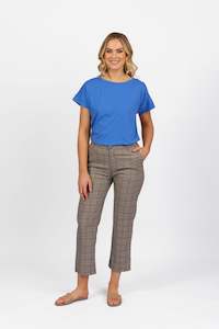 5963A Tangerine Check - Slim Leg 7/8 Pant with Fly and Elastic Back Waistband