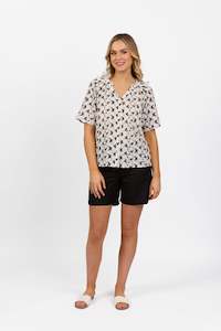 4462P Floral - Short Sleeve Button Up Top with V Neck and Shirred Shoulders