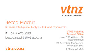 Vehicle Testing New Zealand: Becca Machin 85 x 55mm