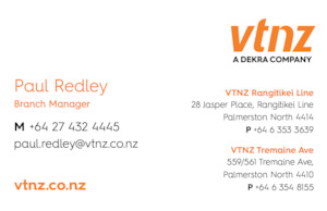 Vehicle Testing New Zealand: Paul Redley 85 x 55mm