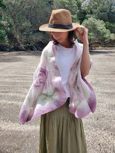 Scarf in soft pastel shades of cream, lavender, and sage green, delicate floral …