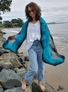 Frontpage: Green stone jade in turquoise ocean  scarf, amazing accent in wardrobe. Wear with cobalt blue, black, white t-shirt, coat, jacket or dress. 4636