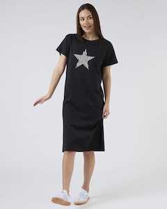 MAXI T-SHIRT DRESS BLACK WITH BLACK AND WHITE STRIPE STAR