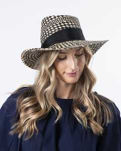 Straw Hat Black Diamond Check With Black Ribbon