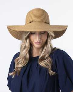 Straw Hat With Raffia Bow and Bronze Beads