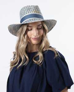 Straw Hat Blue Diamond Check With Blue Ribbon