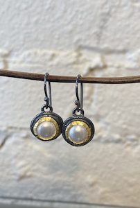 Oxidised silver and 22 carat gold earrings with pearls