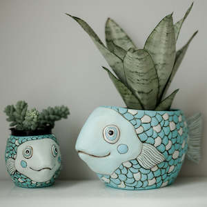 Blue Fish Planter and Baby Blue Fisher Planter