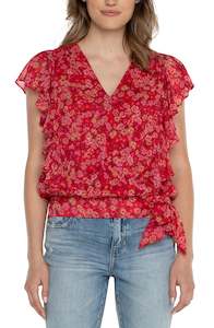 Liverpool Ruffle Sleeve Top with Waist Tie Berry Blossom Floral