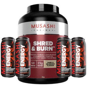 Musashi Shred & Burn Protein 2kg + 4 FREE Musashi Energy Cans