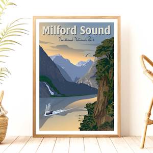 Creative art: Milford Sound - Fiordland National Park - Travel Poster, New Zealand