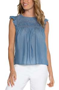 Liverpool: Flutter Sleeve Wove top -Blue