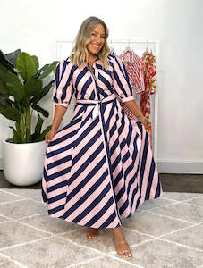 PRE ORDER- BIANCA DRESS - NAVY/PINK STRIPE