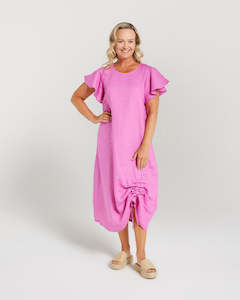 Blackstone Clothing Linen Flutter Sleeve Drawstring Dress-Super Pink