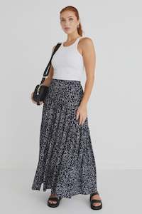 Playful Leaf Elastic Back Tiered Maxi Skirt - Navy