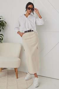 Clothing: Frank Ivory Cotton Utility Midi Skirt