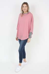 Hooded Poncho - Rose Pink Merino - Thin Stripe Trims - Pre Order 2 - 3 weeks