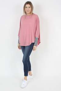 All Ponchos: Poncho Plain Rose Pink Merino - Black Stripe Sleeve - Pre Order 2- 3 Weeks